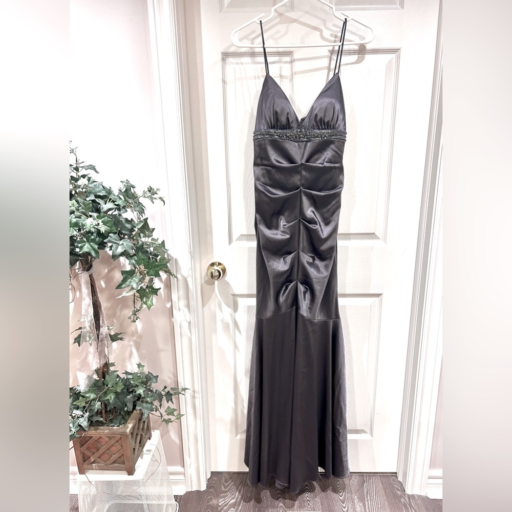 BA Nites satin ruched mermaid evening dress, size 10 (dark grey)